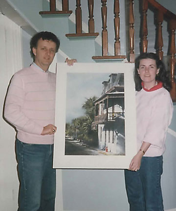 Margaret and Joe Finnegan in 1985 as new owners of St Francis Inn with a painting by Stephen Scott Young