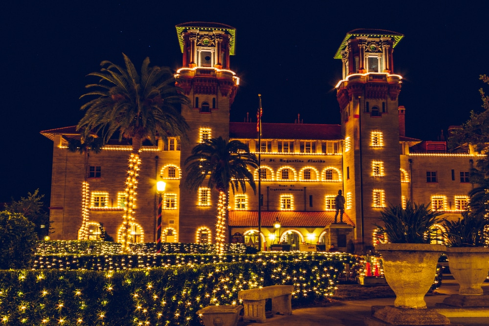 Enjoy a St. Augustine Night of Lights trolley tour this season as you roll by the Lightner Museum adorned with twinkling lights.