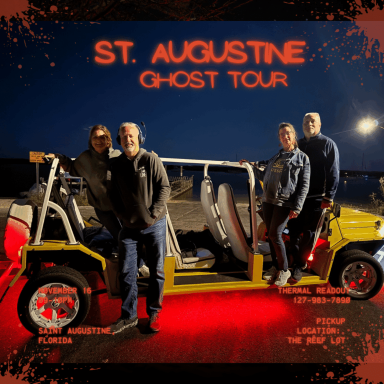 Promotional graphic for St. Augustine Ghost Tour featuring four people posing with a yellow tour vehicle at night.