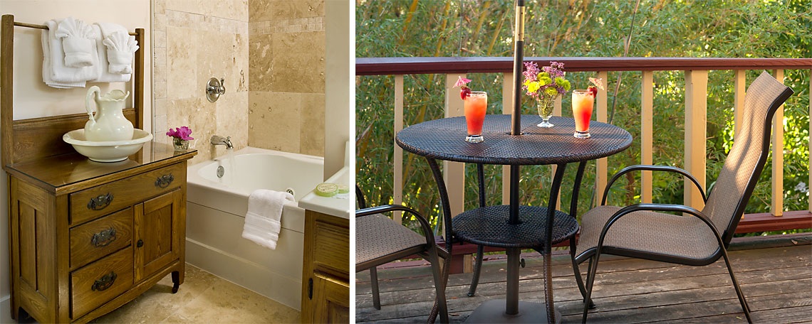 Emily's Room bathroom and outdoor seating on the porch
